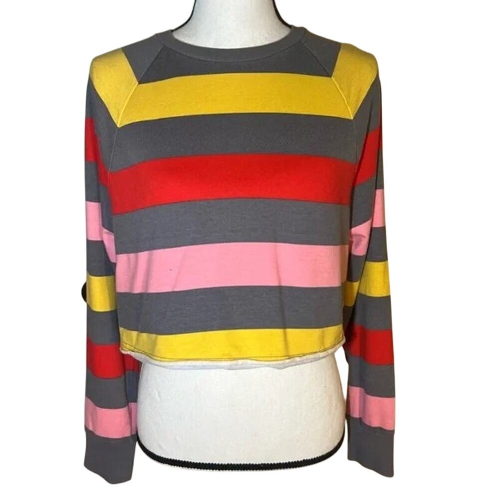 5/$25 Bright Colorful Striped CrewNeck Size XS Cropped Long Sleeve Sweater